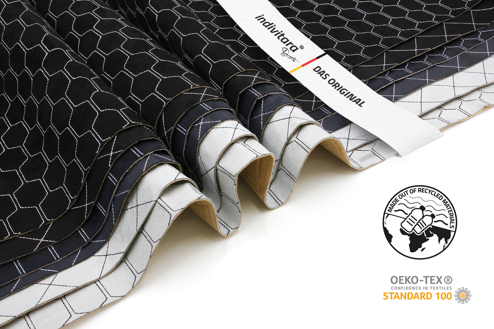 indivitara® Premium Stitch Foam - selbstklebender Mikrofaserstoff Premium mit echten Nähten - Meterware - verschiedene Farben - mit Schaumstoffrücken